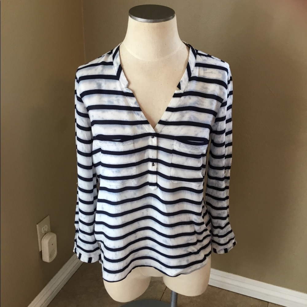 Zara Basic white/blue striped tie dye blouse top